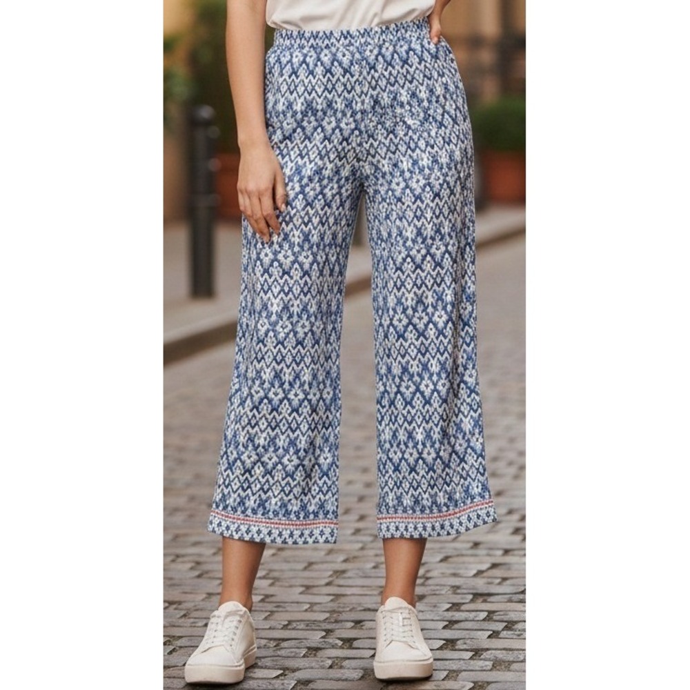 Beach Lunch Lounge Blue White Wide Leg Pants Women's Size M Ikat Smocked Waist